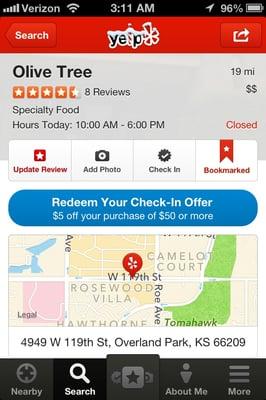 Score!!! Looking forward to redeeming my $5 off "Check-In" coupon at the Olive Tree today.