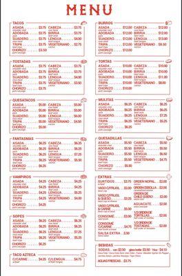 Menu with prices as of 10/8/2024