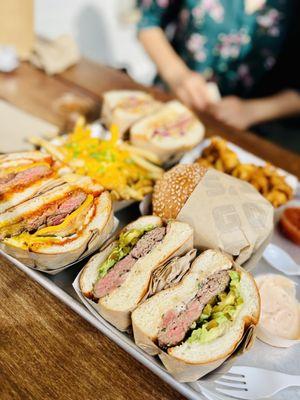 Kimchi Burger, Texas Avocado Burger, California Burger, Ahi Burger, Cheese Fries, fried cauliflower