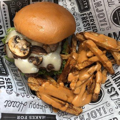 The Contact: mushrooms and Swiss with an order of Special Ops fries.