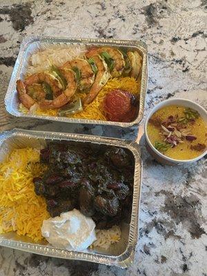 Gormeh Sabzi (beef and herb stew) with a side of shallot yogurt, shrimp kabob and saffron rice pudding.