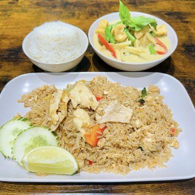 Basil fried rice chicken and green curry tofu