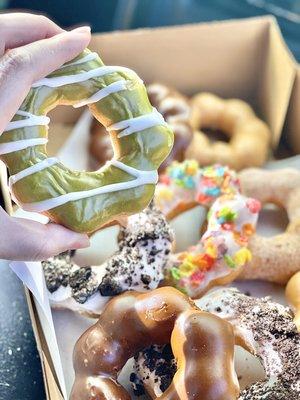 Mochi donuts: chocolate, cookies n cream, matcha, fruity pebbles, glaze