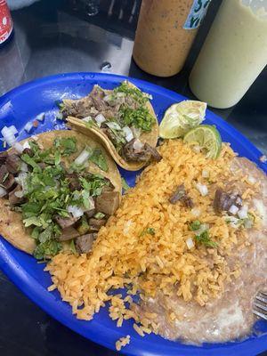 1 lengua taco, 1 cabeza taco, rice & beans