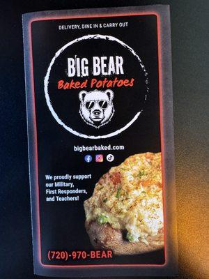 Big Bear Baked Potatoes menu cover