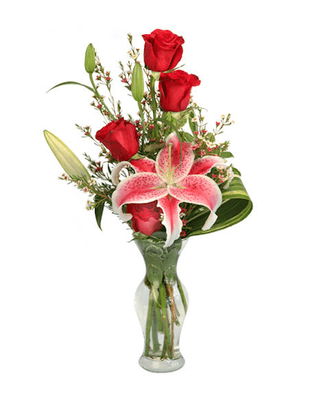 With spirited Stargazer lilies and dynamic red roses, Ardent Expressions is a grand & stellar combo suited for many different occasions.