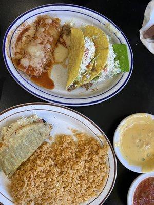 Pan fried taco and rice, 2 beef tacos, beef enchilada