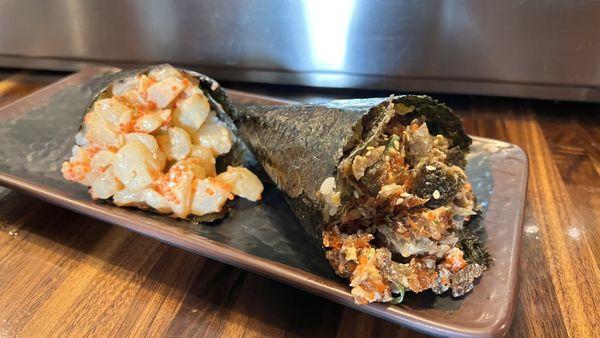 Spicy Scallop hand roll and Salmon Skin Roll