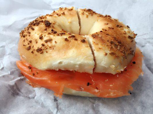 Here's the lox with their cream cheese on an onion bagel.