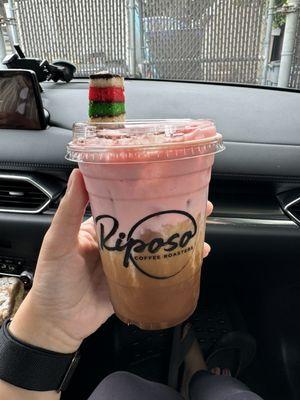 Iced rainbow cookie latte with coconut milk