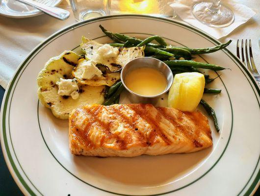 North Atlantic Salmon, grilled; lemon butter sauce, squash w/ goat cheese, sautéed green beans