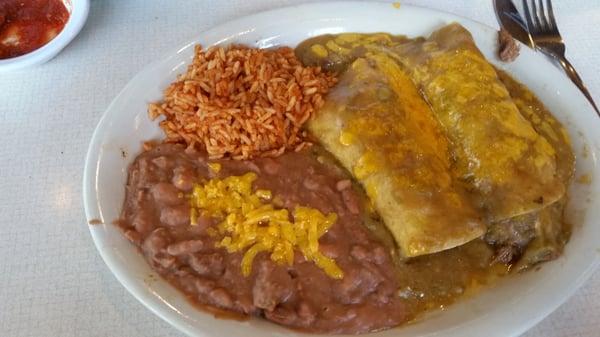 Pork Enchiladas with green chili. Comes with beans and rice. Really tasty.