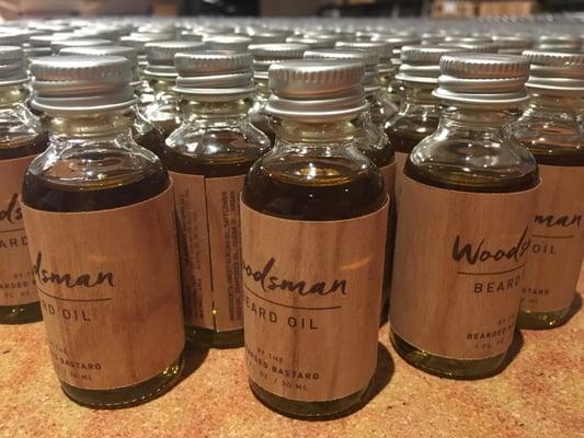 Woodsman Beard Oil freshly mixed, bottled, and labeled in our workshop.