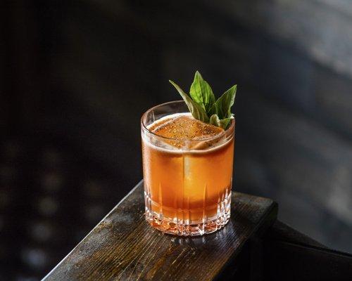 BUCK TO THE FUTURE
 rye whiskey, manzanilla sherry, strawberry-basil purée, nardini amaro, ginger syrup, lemon, barrel smoked black pepper