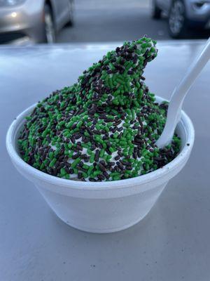 Mint chocolate sprinkles! Not super minty though. I'll go back to chocolate. But it was worth a try at Dusty's!