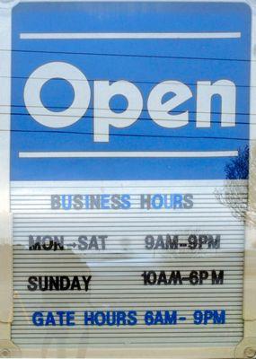 Our hours of operation. As you can see we're open late through the week to make storing your stuff before and after work convenient!