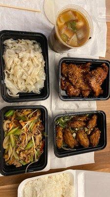 black bean fish chow fun, salt and pepper wings, dry bean curd and pork strips, pork chop with honey garlic sauce