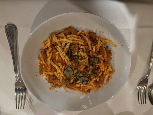 Strozzapreti ( homemade pasta) with mushroom and sausage sauce.