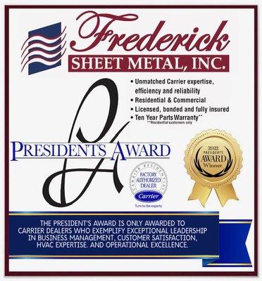 Frederick Sheet Metal, Inc is a 2022 and 2024 Carrier Presidents award winner.