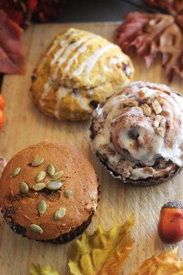 Fall pastries, pumpkin scones, pumpkin cinnamon rolls, pumpkin muffins.