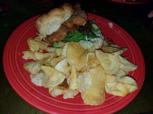 Chicken on a biscuit with kettle chips