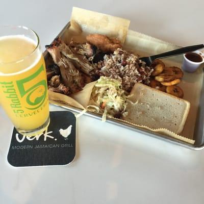 Jerk. Pork, Rice & Beans, Island Slaw, Plantains, Festival, hard Dough Bread