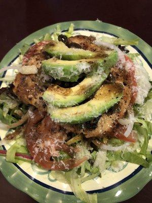 Garden Salad with a skinless, boneless 1/4 or 1/2 lb of chicken with your favorite dressing topped of with fresh slices of avocado