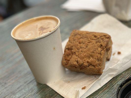 Oatmilk latte and coffee cake