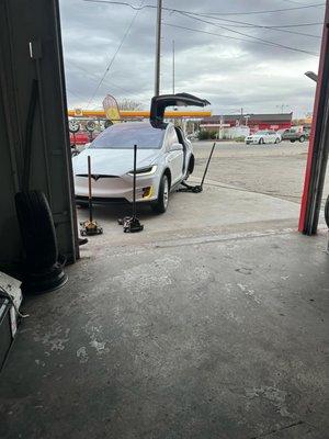 Tesla changing tires at toll n save tires