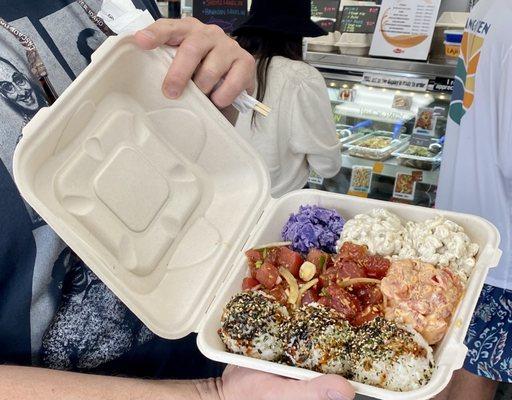 2 portions shoyu style poke, 1 portion spicy ahi poke, coconut ube, 2 portions macaroni salad and rice