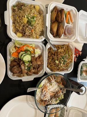 Pineapple pork over fried rice, Chow Mein, Imperial Roll with Pork Cold Rice Noodle, 5 Spice Chicken fried Rice, Fried Chicken Wings