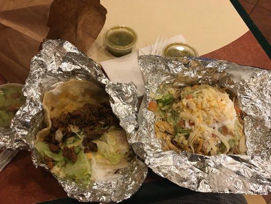 Chicken tostada and steak taco