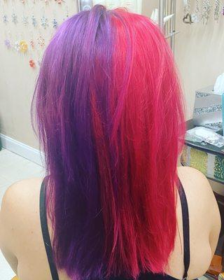 Half and half. My client was originally pink and wanted a change! I pre lightened the hair first and we decided to make it half purple.