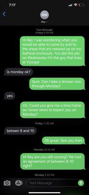 Text messages between me and business owner.