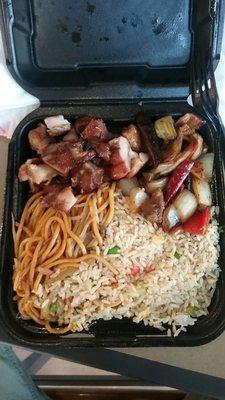 Rice, chow mein, kung pao and bbq chicken