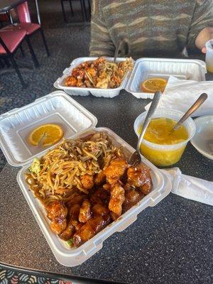 orange chicken, chicken low mein, and Egg Drop Soup