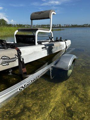 Backed down into the water to easily slide off my kayak. Excellent trailering benefits for heavier kayaks that may need to be carted.