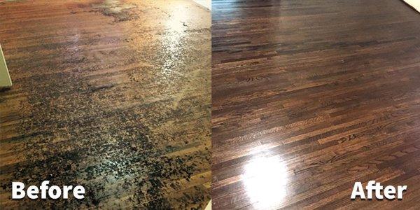 Before and after of a hardwood floor refinishing