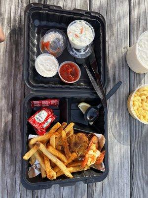 Broiled shrimp and old bat fries and coleslaw