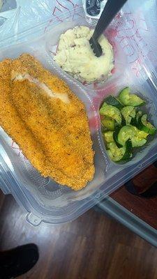 Catfish , Mash potatoes , zucchini, squash  ( vegi medaly)