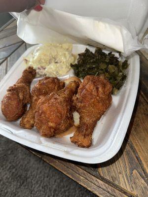 4 piece special with potato salad and collard greens