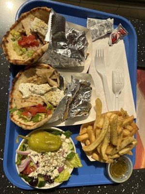 Classic pitas with fries and Greek salad