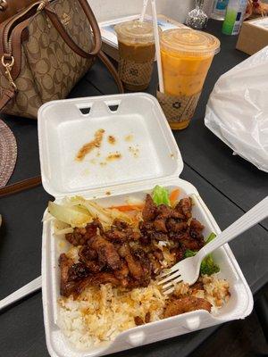 Chicken teriyaki Vietnamese coffee and a thai tea