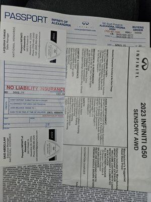 2023 Infiniti Buyer's Order/Mfg sticker along with Manager's cards for validity.