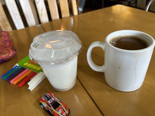 Coffee and steamed milk for toddler.