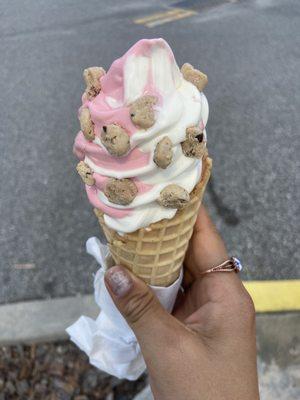 Small Strawberry vanilla twirl on waffle cone ($5)