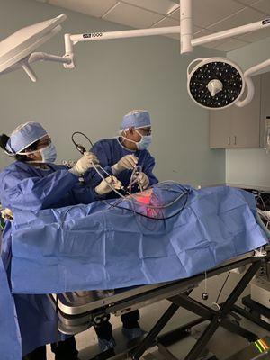 Dr. Shah and surgical assistant during a laparoscopic spay surgery.