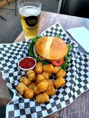 Fantastic Spicy Chicken Sandwich, Spiced Tots, and a Pilsner. Delicious!