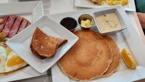 Rye toast, Pancakes, and a side of country gravy