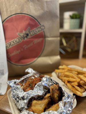 Traditional bone-in wings in original hot and lemon pepper with fries.